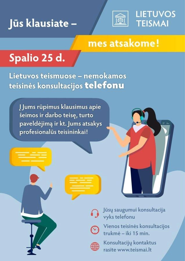 Spalio 25-ąją teisinininkai konsultuos nemokamai