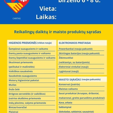 „Caritas“ skelbia daiktų rinkimo iniciatyvą Ukrainos žmonėms
